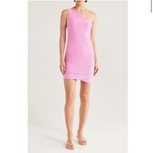NWT Beyond Yoga Featherweight Carried Away One Shoulder Dress pink ruched